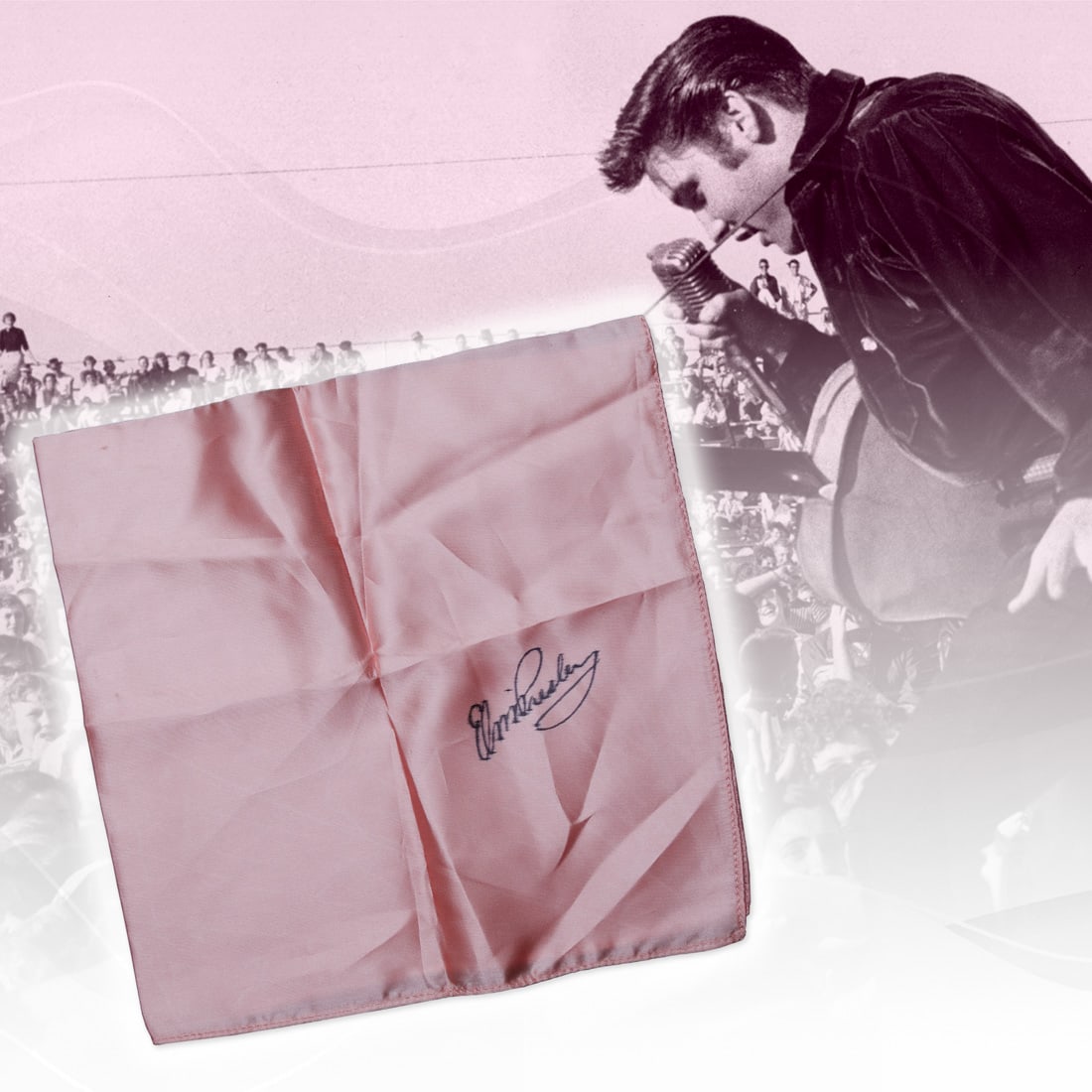 Elvis Presley Signed Pink Scarf: We are elated to present a truly remarkable piece of Rock 'n' Roll history for auction: a pink scarf signed by the one and only Elvis Presley. Known as "The King of Rock and Roll," Elvis's autograph i