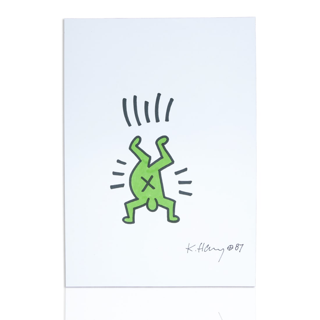 Keith Haring Marker Art - Green Man with X on Chest (1987): We are delighted to present an extraordinarily unique and historically significant piece of contemporary art for auction: an original marker artwork by the renowned artist Keith Haring. Measuring 8" x