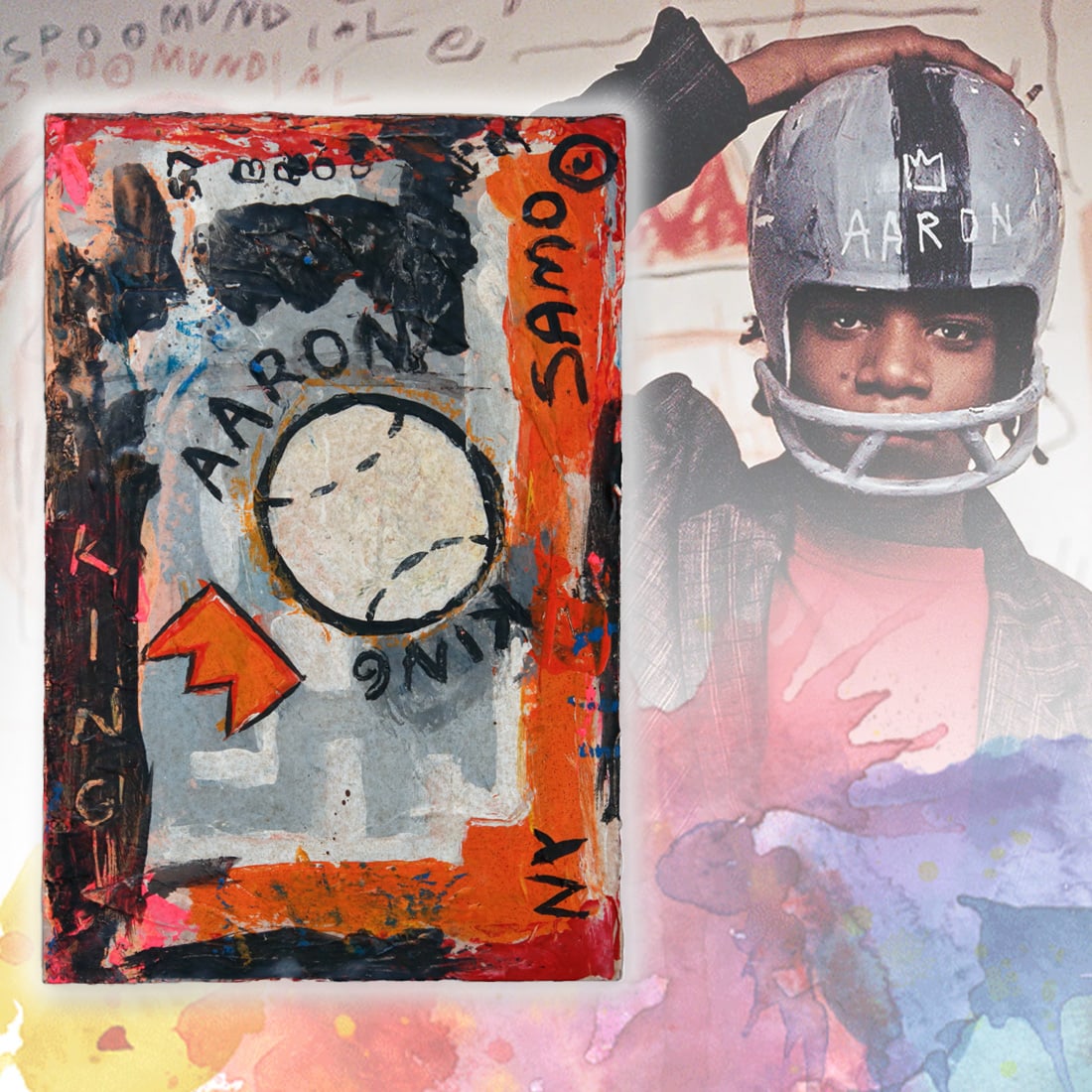Jean-Michel Basquiat "King Aaron with Baseball and Crown" - Mixed Media 6x4 Card, 1985 (1 of 6)