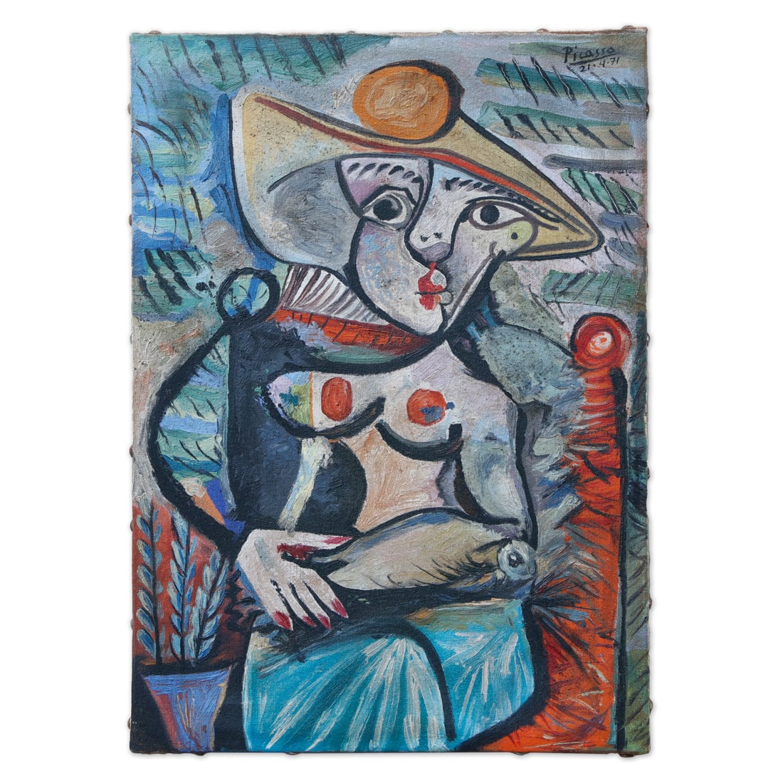 Pablo Picasso (imputée) Masterful Oil Painting - "Woman with Big Hat and Attitude" (1971) (1 of 10)