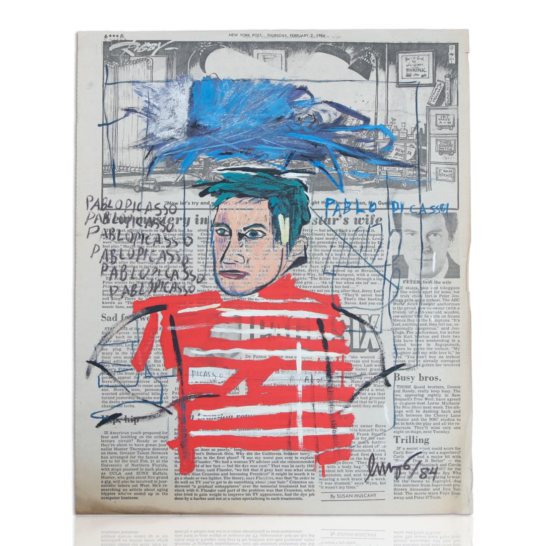 Exceptional Jean-Michel Basquiat (imputée) Painting on a New York Daily News Page: The auction presents a remarkable piece of art on an original New York Daily News newspaper page. This extraordinary artwork, which appears to draw inspiration from Pablo Picasso, demonstrates Basquia