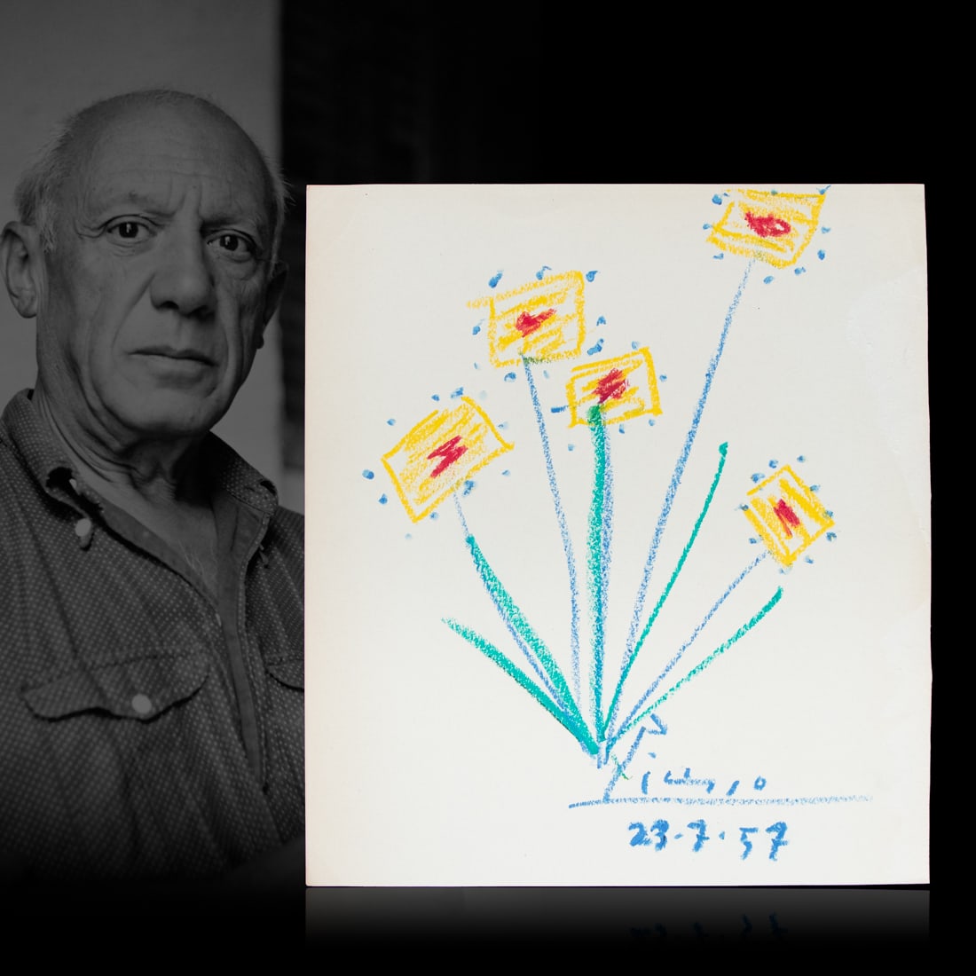 Pablo Picasso, Crayon Sketch on 75th Anniversary Exhibition Page (July 23, 1957) (1 of 4)