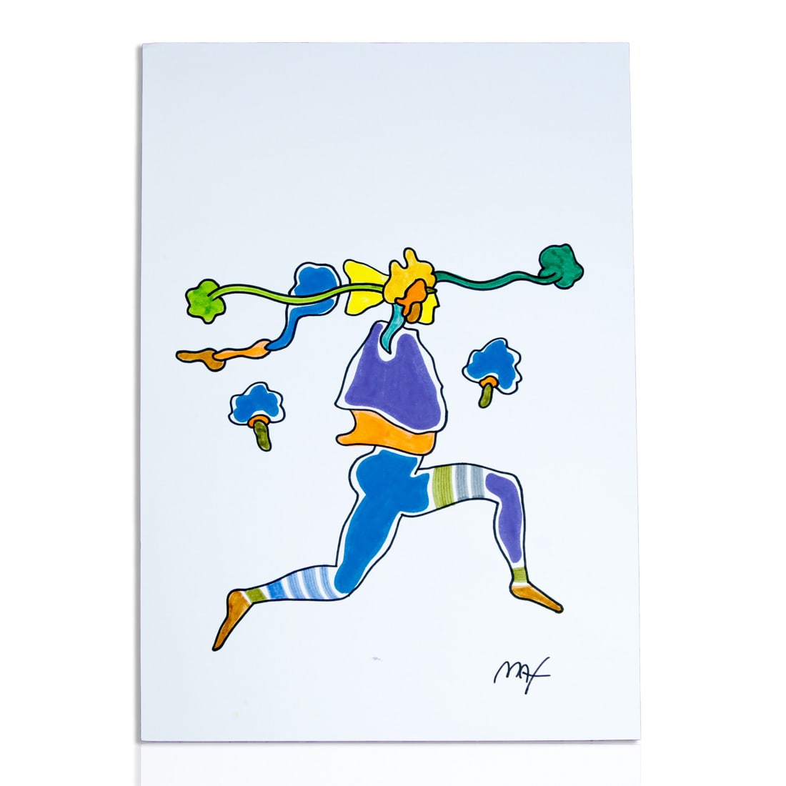 Peter Max Original Painting - "Person Running with Green Staff and Floating Blue Objects" (1 of 2)