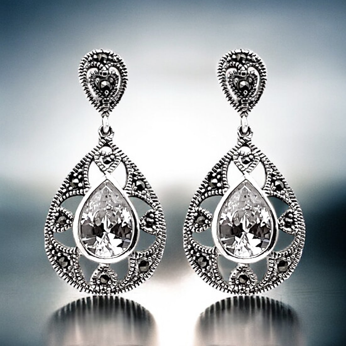 Pear shaped Marcasite & Simulated Diamond Sterling Silver Earrings (1 of 1)