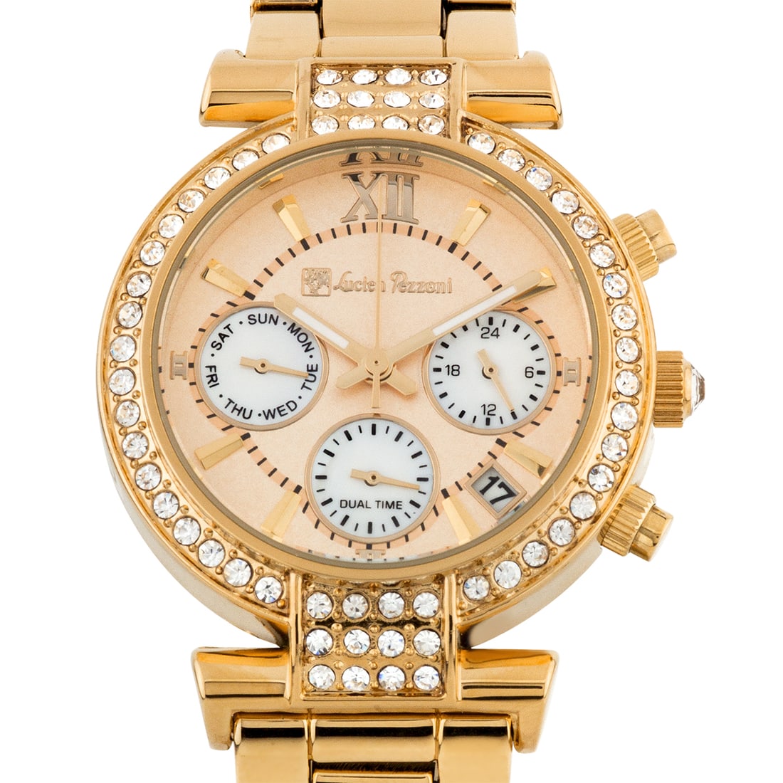 Lucien Pezzoni 36mm Case Swarovski Crystal Bezel: Lucien Pezzoni 36mm Case Swarovski Crystal Bezel: Elevate your look with dazzling Swarovski elements on this link bracelet watch. Luminescent hands, screw-down case back, multifunction design, and Rom