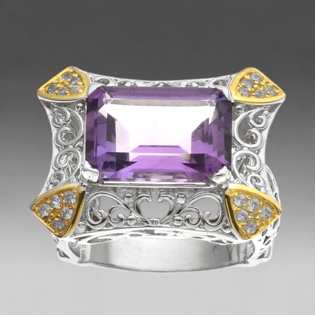 Filagree Design Amethyst Sterling Silver Ring with White Zircon accents - Size 7: Product Details Item: Ring Metal: Sterling Silver Gemstone: Amethyst & White Zircon Approximate Measurements: Width: 19.5 mm Ring Size: 7 Chain Length: Not Applicable Chain Metal: Not A