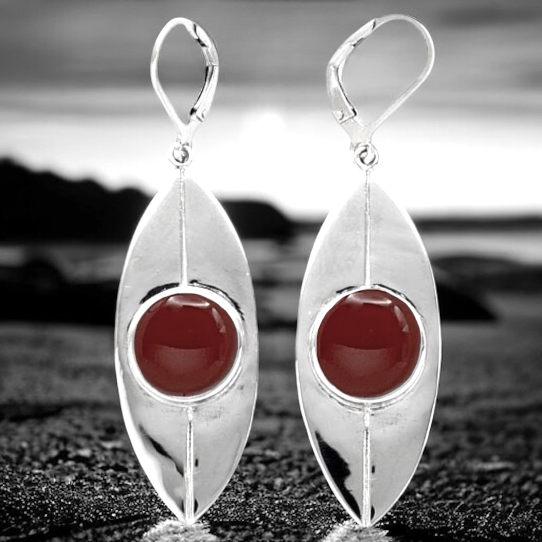 Deep Red Carnelian Sterling Silver Leaf Earrings (1 of 1)