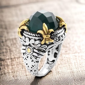 Fleur-de-lis Green Agate Checkerboard Ring with 14K Gold over Sterling Silver accents - Size 7