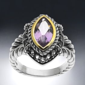 Exquisite Amethyst Two-tone Cable Design Sterling Silver Ring - Size 7