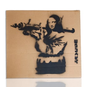Banksy Painting on Cardboard - "Woman with Rocket Launcher and Statue of Liberty Face"