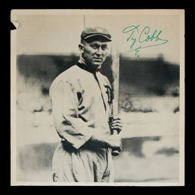 Ty Cobb Signed Photocard- 8" x 8" - In Detroit Uniform Holding His Bat