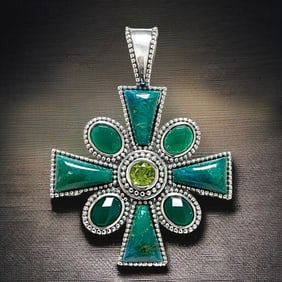 Maltese Cross Sterling Silver Pendant and an array of Chrysacolla, Green Agate, and Peridot