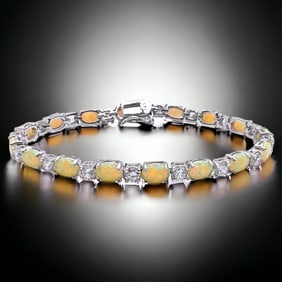 Exquisite Opal Sterling Silver Bracelet - 7.25"