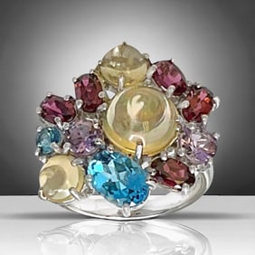 Opal, Amethyst, Swiss Blue Topaz, & Garnet Sterling Silver Ring - Size 6