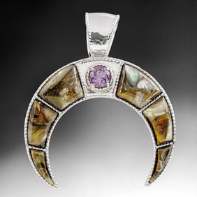 Double Horn Bronze Abalone Pendant with a dazzaling Amethyst at the center