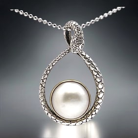 Exquisite Snake Pendant with Mabe Pearl set in Sterling Silver with 16" + 4" extension Chain