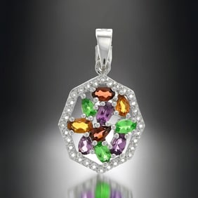 An array of Rainbow colors are in this Splendid Sterling Silver Multi-Garnet & White Topaz Pendant