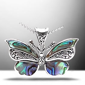 Mesmerizing Abalone Sterling Silver Butterfly Pendant with 18" Chain