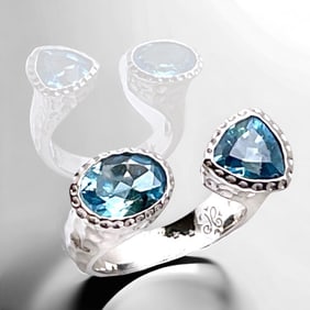 Stunning Blue Topaz Hammered Textured Sterling Silver Split Ring - Size 5.5