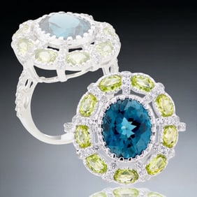 5.71 Cttw London Blue Topaz & Peridot Sterling Silver Ring with White Topaz accents - Size 6