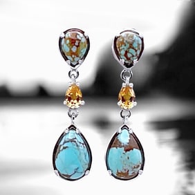 Spectacular Turquoise & Citrine Sterling Silver Dangle Earrings