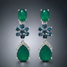 Nobel Green Agate Drop Earrings with London Blue Topaz & White Topaz all set in Sterling Silver