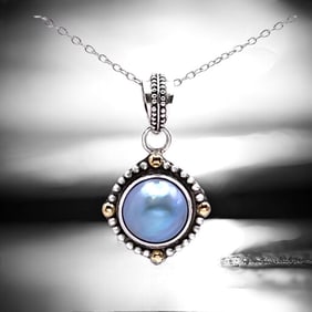 Two-Tone Grey Mabe Pearl Sterling Silver Pendant with 18" Chain