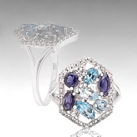 Splendid array of Blue Topaz, Iolite, & White Topaz set in Sterling Silver Ring - Size 7