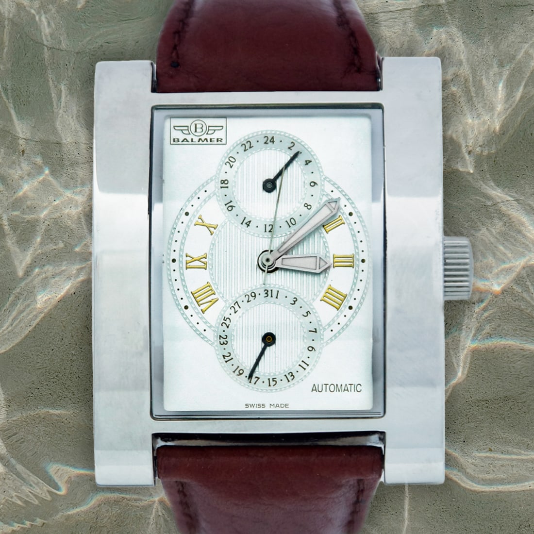 Balmer Men's Swiss Made Complicated Automatic Watch: Rare Balmer Swiss-Made Automatic Watch with 24-Hour/Second Time Zone and Date Complications – New Old Stock, Vault Kept for 20 YearsDescription:We present an exquisite artifact of horology, a Ba