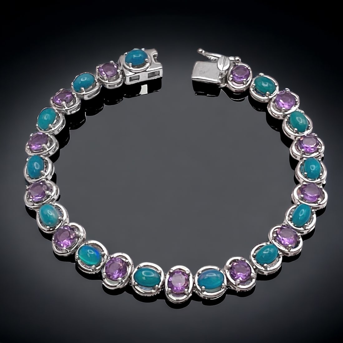 Blue Ethiopian Opal & Amethyst Sterling Silver Tennis Bracelet - 7.25" (1 of 1)