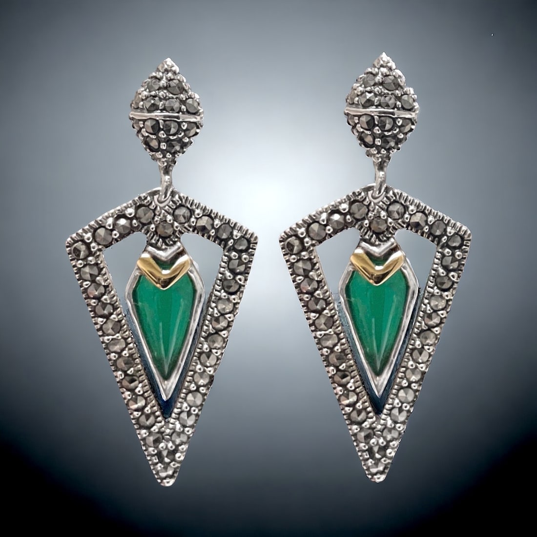 14K Gold & Sterling Silver Green Agate & Marcasite Earrings: Product Details Item: Earrings Metal: 14K Gold & Sterling Silver Gemstone: Green Agate & Marcasite Approximate Measurements: 39.4 mm X 16.2 mm Ring Size: Not Applicable Chain Length: Not Appli