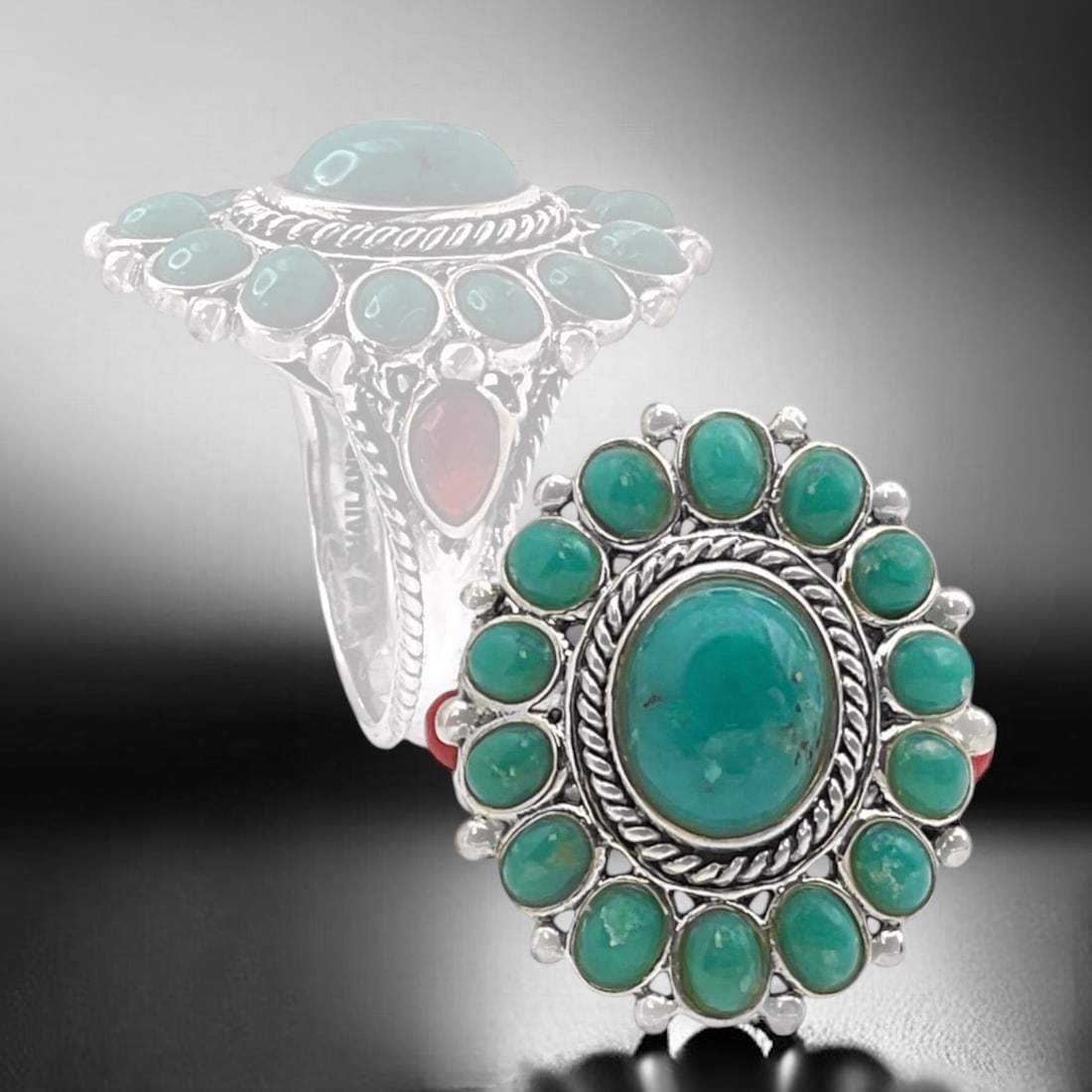 Southwest Campo Frio Turquoise And Coral Flower Sterling Silver Ring - Size 8 (1 of 1)