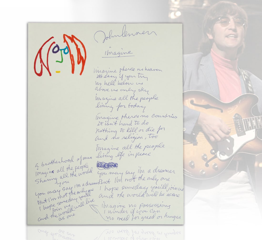 John Lennon Signed & Handwritten "Imagine" Lyrics with Personal Self-Portrait (1 of 5)