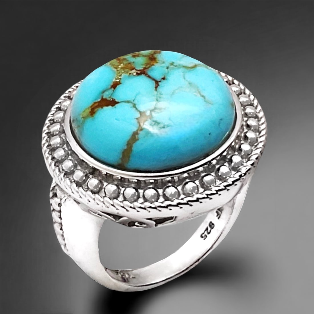 Stunning 16 mm Round Turquoise cabachon set in a textured Sterling Silver Ring - Size 6 (1 of 1)