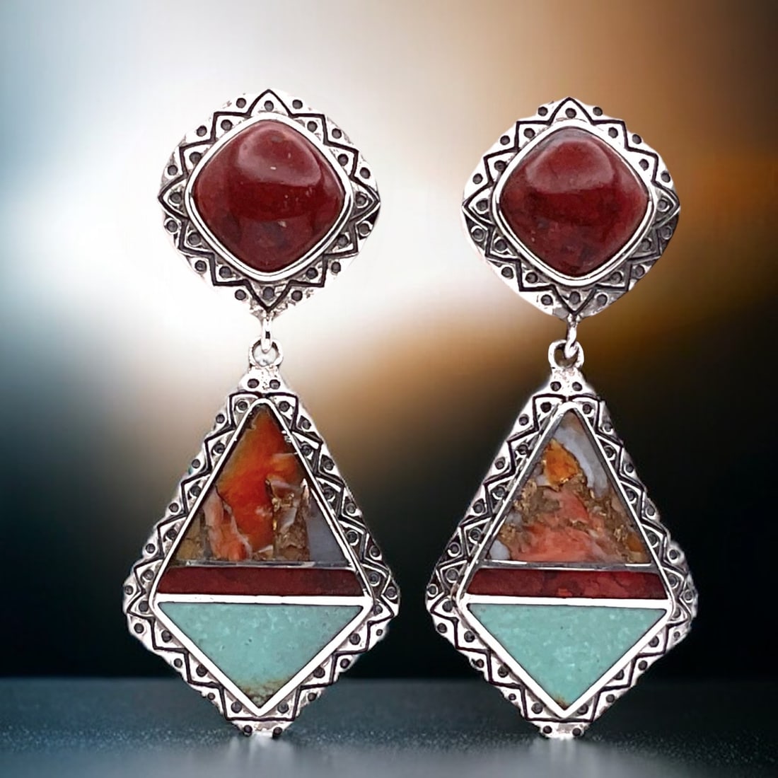 Turquoise & Jasper Inlay Sterling Silver Dangle Earrings (1 of 1)