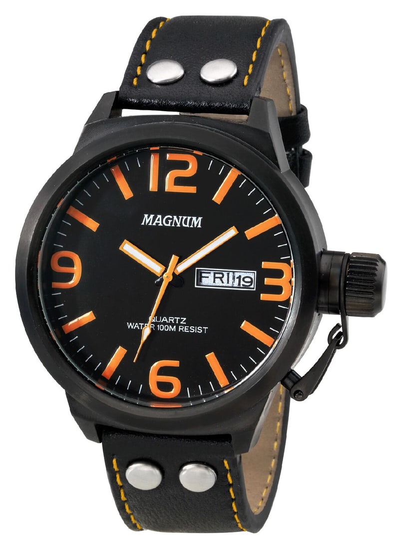 48 mm Men's Magnum Principal Quartz Watch: The Magnum Principal is a Men's 48mm diameter time piece. The 40mm dial window with riveted leather strap make this a watch for the rugged user.