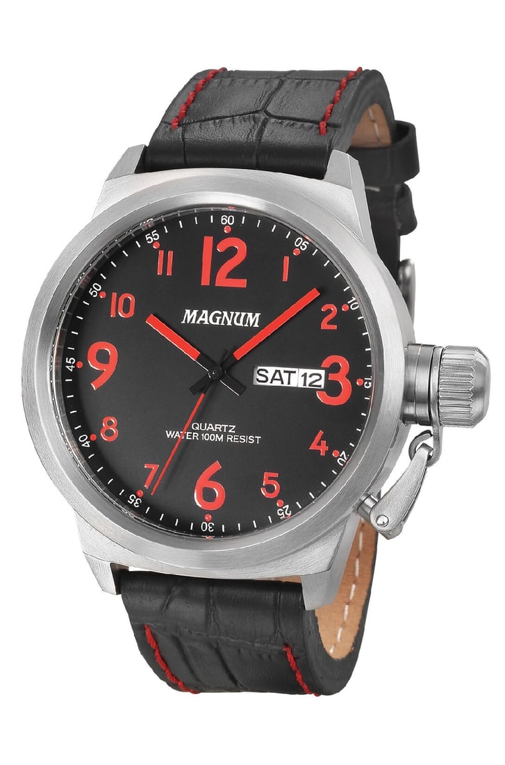 48 mm Men's Magnum Graduate 2 Quartz Watch: The Magnum Graduate 2 Men's watch sports a 41mm dial window with a 14mm thick case. The Graduate is the epitome of the contemporary watch. The 3 hand watch with day/date feature and sturdy leather str