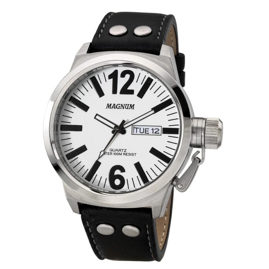 48 mm Men's Magnum Principal Quartz Watch: The Magnum Principal is a Men's 48mm diameter time piece. The 40mm dial window with riveted leather strap make this a watch for the rugged user.