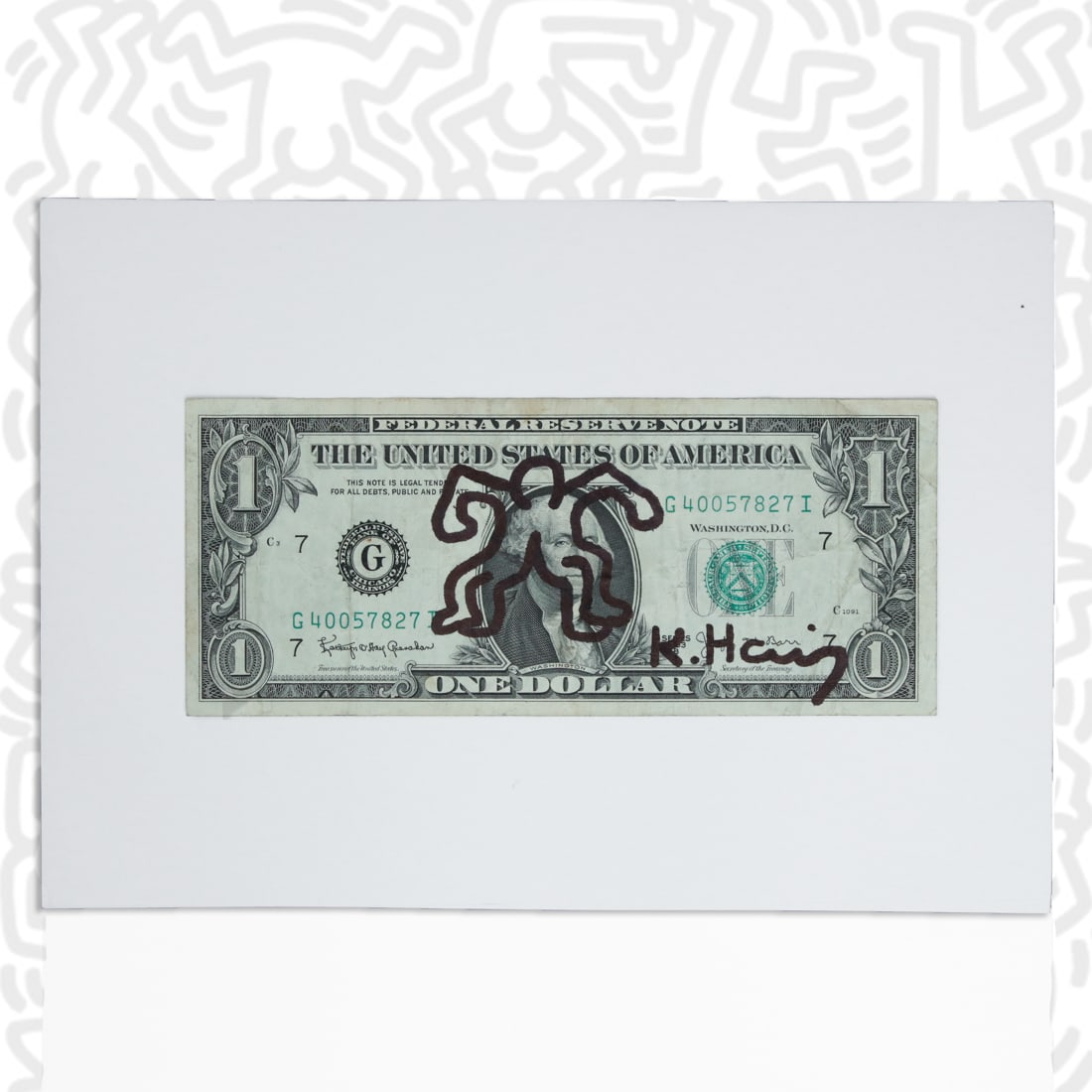 Keith Haring Original Artwork on US $1 Dollar Note - "Four-Legged Man in Angry Stance" (1 of 2)