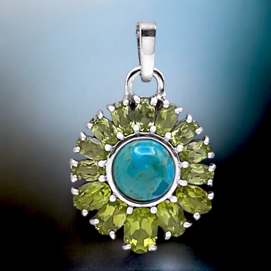 Turquoise & Peridot Sundial Pendant set in Sterling Silver (1 of 1)