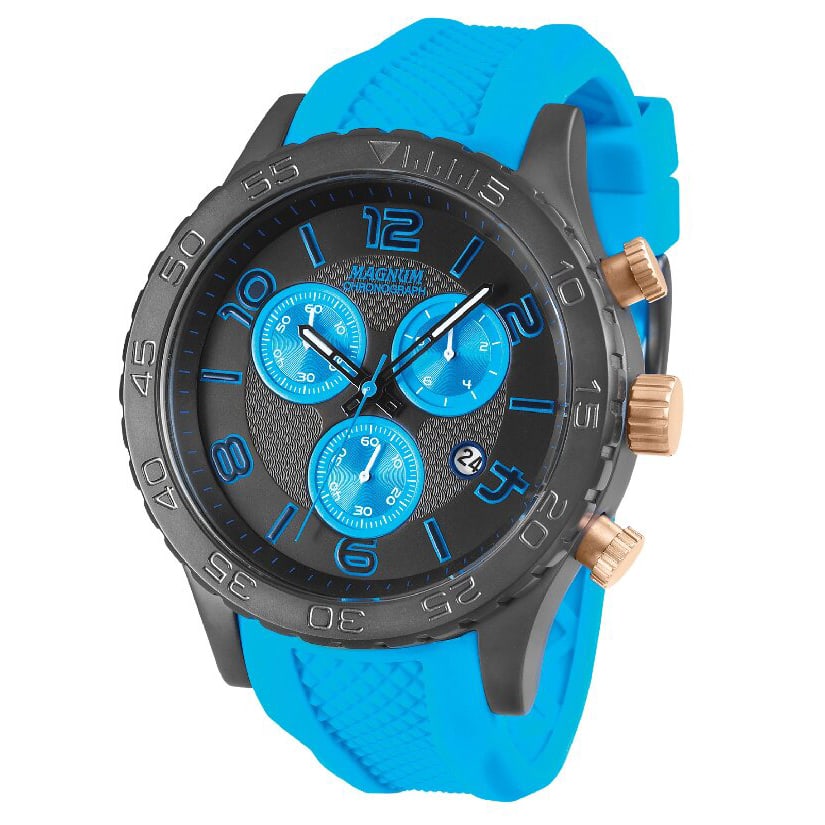 51 mm Men's Magnum Captain Quartz Watch: The Magnum Captain is a big Men's 51mm case chronograph.The case sports a matt finish in each color with large stop watch function buttons. The dial features an almost holographic carbon fibre texture