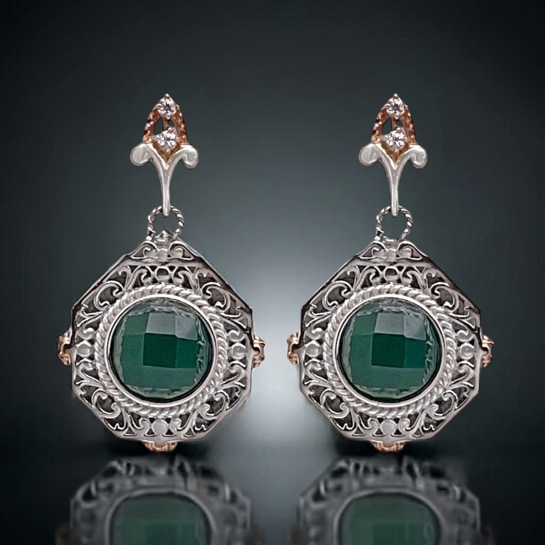 Regal Green Agate Two-Tone Sterling Silver Earrings with sparkling White Zircon accents (1 of 1)