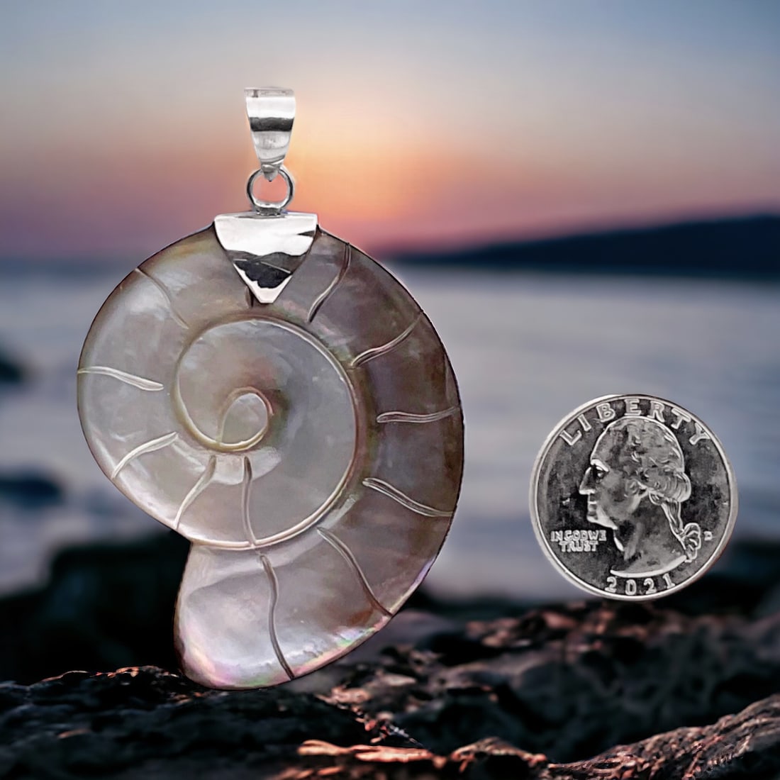 Oceanic Large Carved Shell Sterling Silver Pendant (1 of 2)