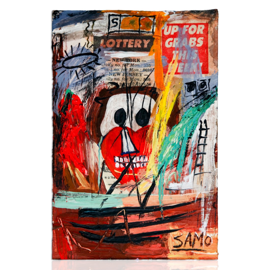 Jean-Michel Basquiat Painting on 4" x 6" card - NY Newspaper in Background (1 of 4)