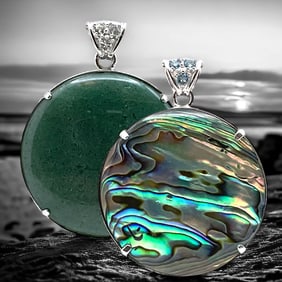 Elegant Reversible Sterling Silver Pendant with Green Adventurine and Abalone
