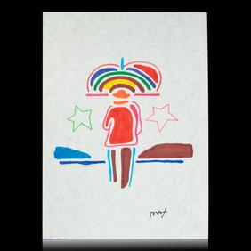Peter Max Art Drawing with Rainbow Umbrella, Signed "MAX"