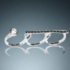 Bold Marcasite & Simulated Diamond Sterling Silver Three-Finger Bar Ring - Size 6