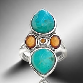 Southwest Turquoise & Hessonite Garnet Sterling Silver Ring - Size 7