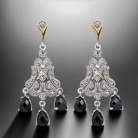 Regal 14K Gold & Sterling Silver Black Agate Chandlier Earrings