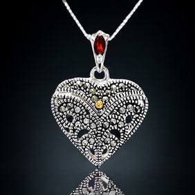 14K & Sterling Silver Marcasite Heart Locket Pendant with 18" Chain